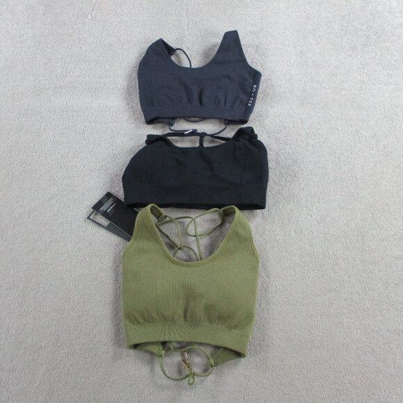 Bo+Tee Sports Bra Lot Womens Small Multicolor Olive Gray Black Plunge Knit - Picture 1 of 10